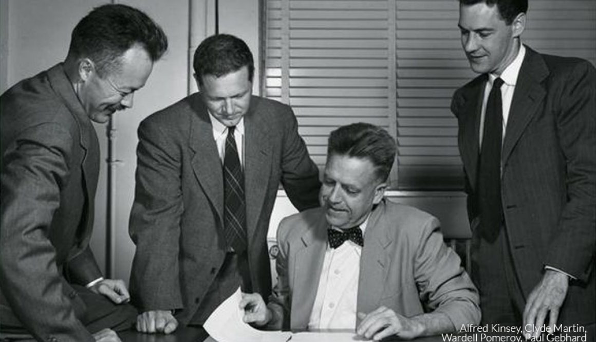 Alfred Kinsey, Clyde Martin, Wardell Pomeroy, Paul Gebhard with manuscript pages from the female volume