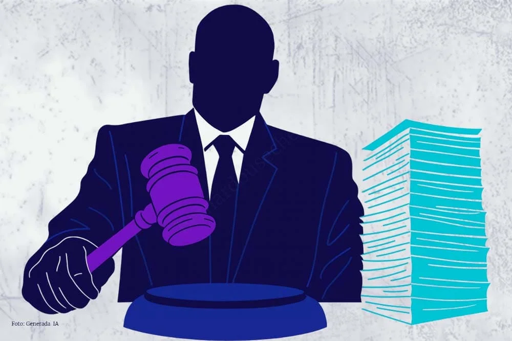Ilustración de juez con mazo frente a una pila de leyes, símbolo de la ley de salud mental.