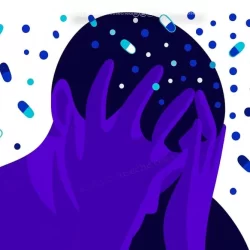 Ilustración de persona con la cabeza entre las manos rodeada de píldoras, símbolo de la salud mental en Colombia.